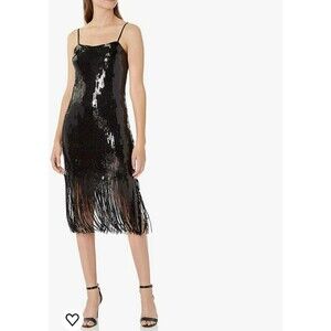 Donna Morgan sequin sleeveless shift dress-fringe hem and spaghetti straps Sz 4